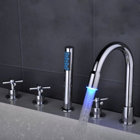 Contemporary Color Changing LED Waterfall Widespread Tub Tap with Hand Shower T0463F Contemporary Color Changing LED Waterfall Widespread Tub Tap with Hand Shower T0463F