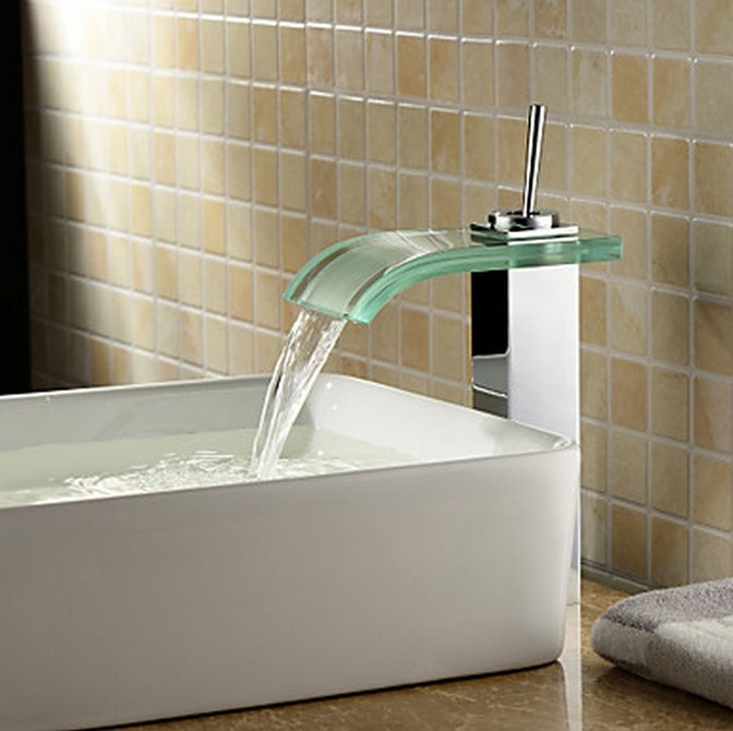 Contemporary Waterfall Bathroom Sink Tap with Glass Spout T0821