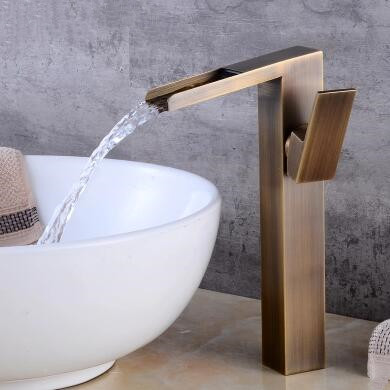 Antique Basin Tap Brass Waterfall Mixer Water Bathroom Sink Tap High Version TA0117H
