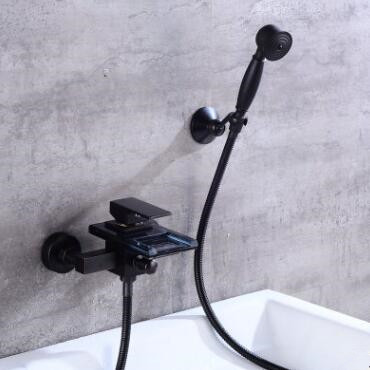 Antique Black Brass Wall Mounted Waterfall Bathtub Tap Glass Spout with Hand Shower TB380B Antique Black Brass Wall Mounted Waterfall Bathtub Tap Glass Spout with Hand Shower TB380B