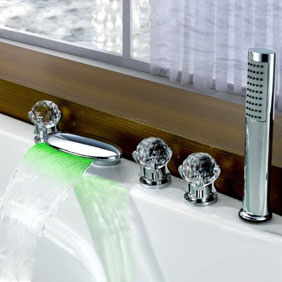 Contemporary Color Changing LED Glass Handles Tub Waterfall Tap with Hand Shower T6016 Contemporary Color Changing LED Glass Handles Tub Waterfall Tap with Hand Shower T6016
